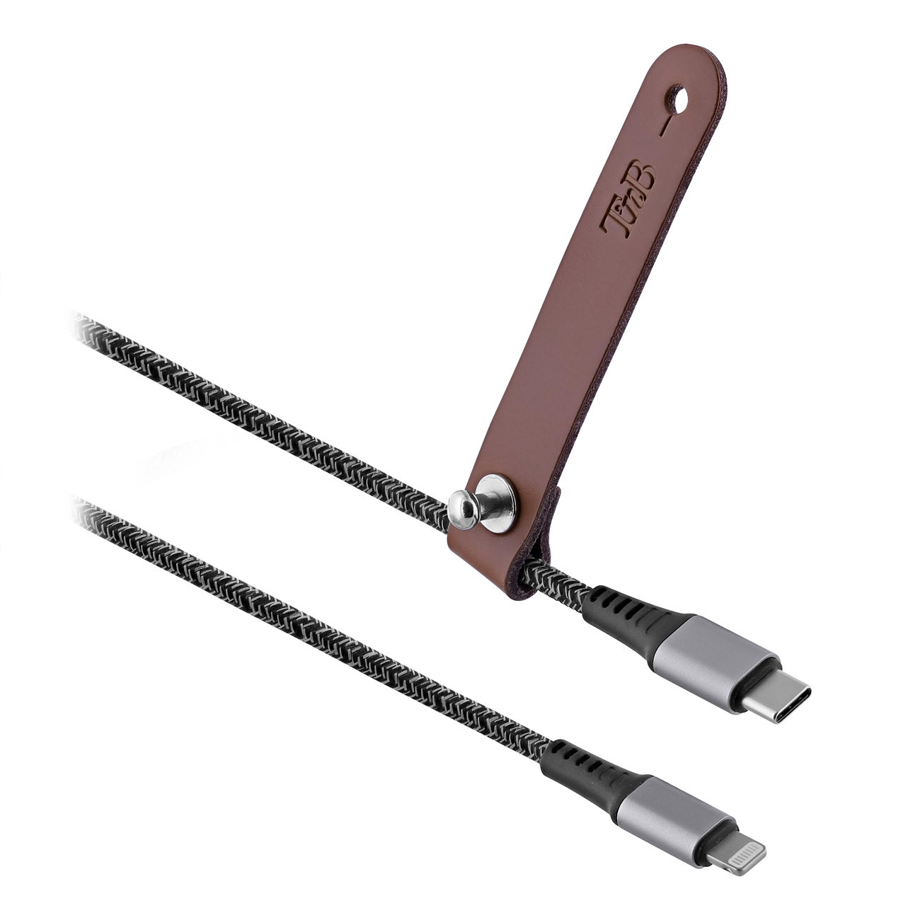 TNB Câble USB-C vers Lightning avec attache cuir - 1,5 m - Aluminium Gris sidéral