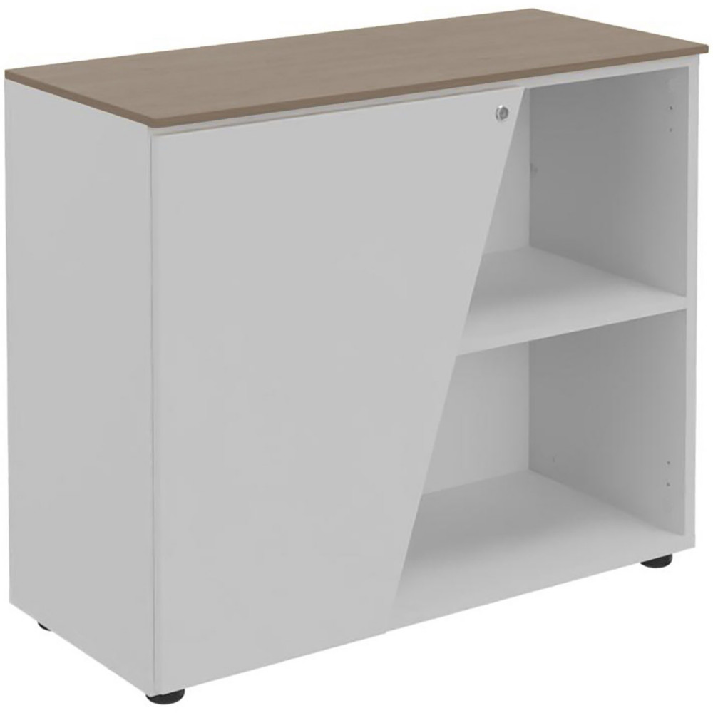 Armoire basse porte  gauche Rha - L. 90 x P. 40 x H. 76 cm - Plateau Noyer - Porte Blanche