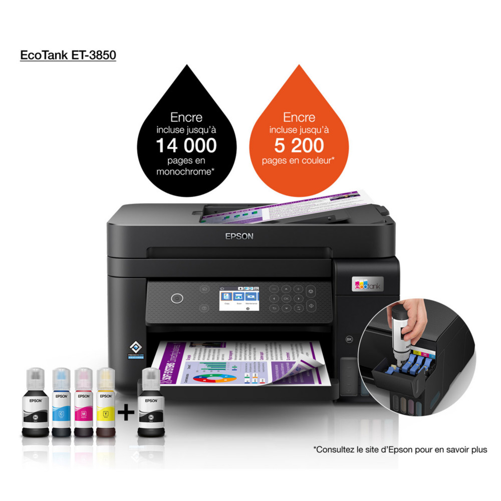Epson EcoTank ET-3850 imprimante multifonction jet d'encre couleur A4  rservoirs d'encre - Wifi, rseau, usb