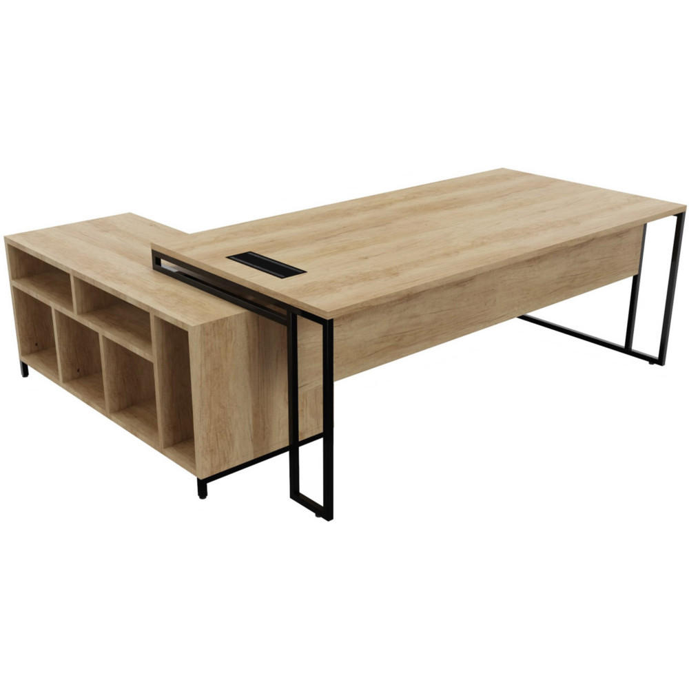 Bureau manager retour  gauche Skyline - L.200 x P.100 cm - Plateau Chne Nebraska - Pieds Noir