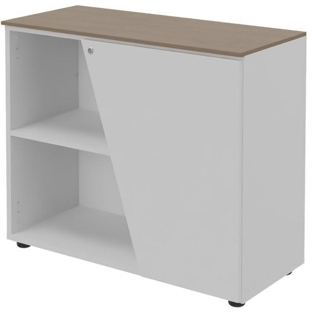 Armoire basse porte  droite Rha - L. 90 x P. 40 x H. 76 cm - Plateau Noyer - Porte Blanche