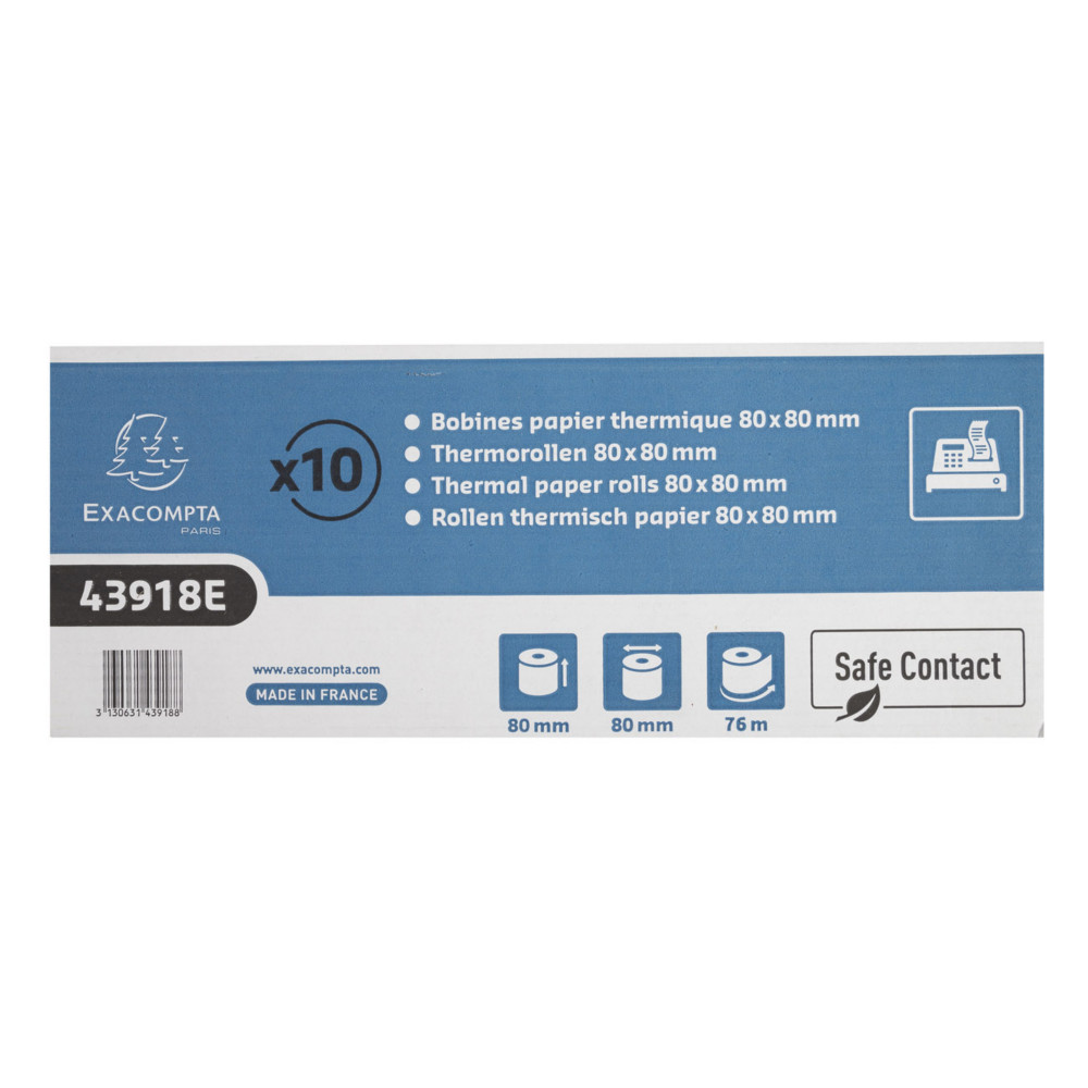 Exacompta Bobine tickets de caisse 80 x 80 x 12 mm - Longueur 76M - 43918E - Rouleau Papier thermique 1 pli 52g sans Phnol safe contact - Lot de 10