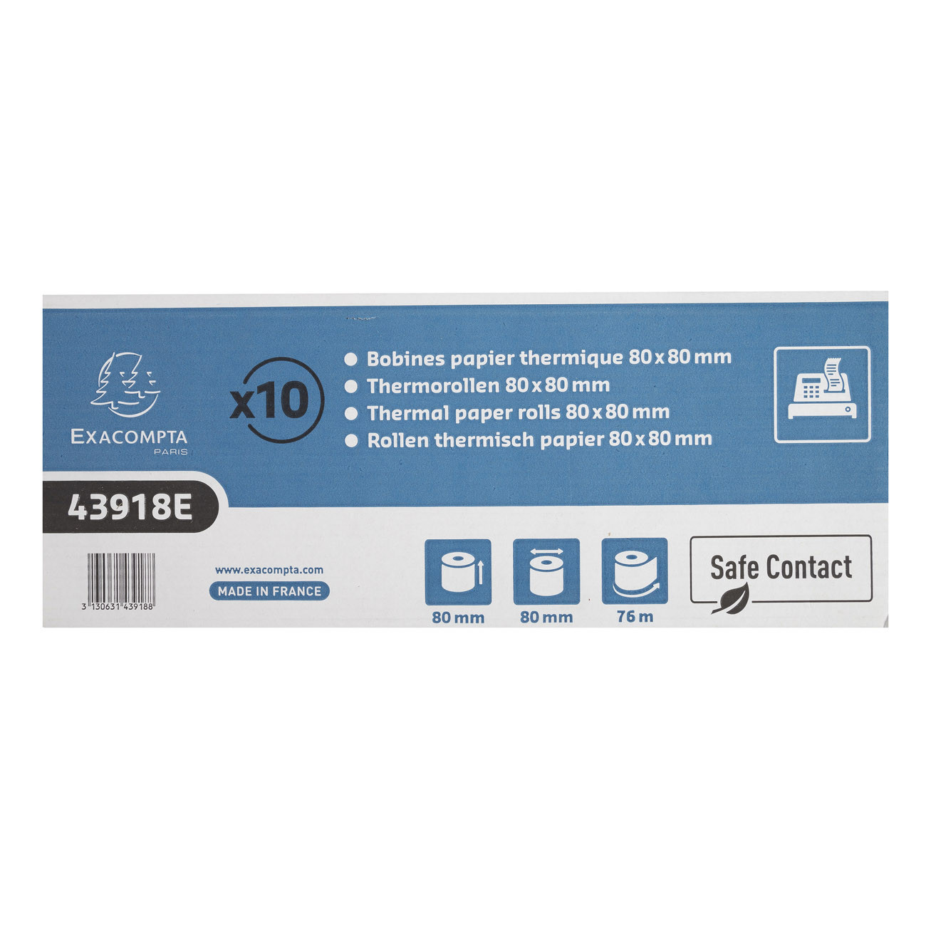 Exacompta Bobine tickets de caisse 80 x 80 x 12 mm Longueur Rouleau Papier thermique 1 pli 52g sans Phénol safe contact Lot de 10
