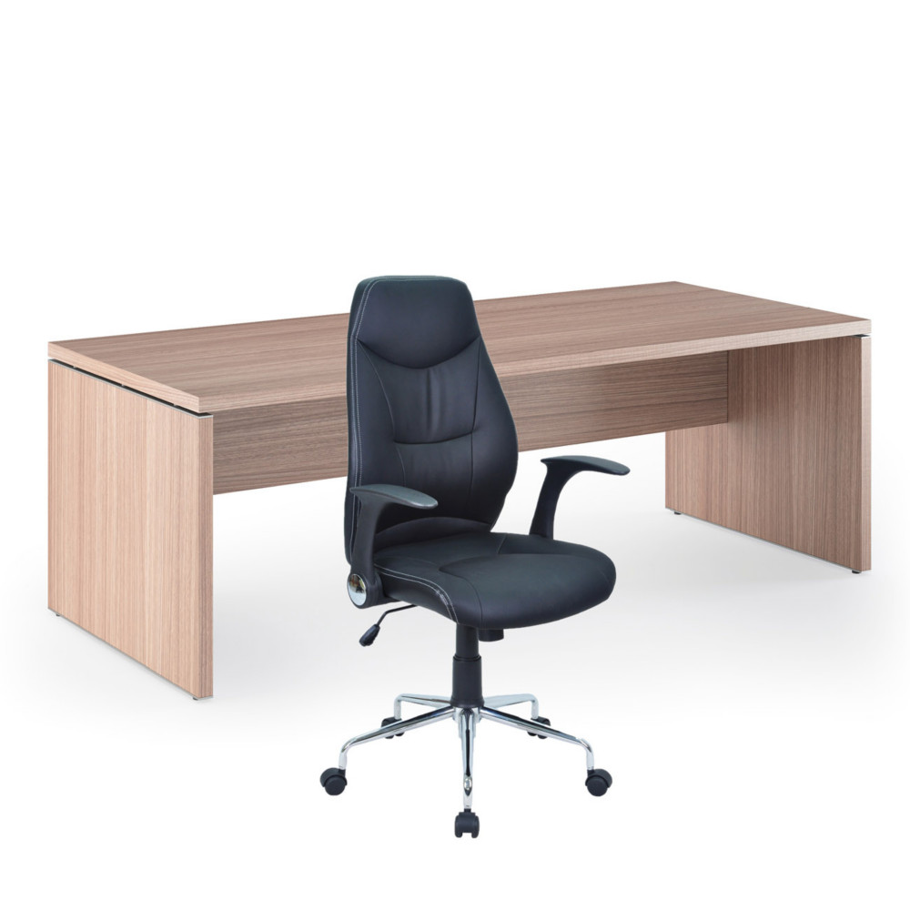 Pack Direction Bureau droit Flore L.180 x P.90 cm - Plateau Noyer - Pieds panneaux + Sige Performer simili cuir Noir