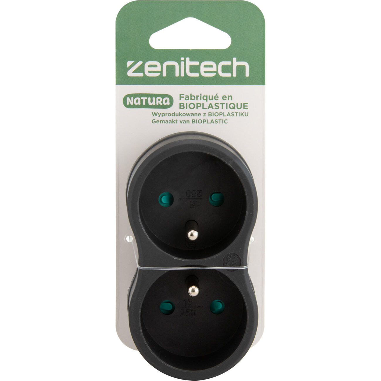 Zenitech Multiprise murale Bloc 2 prises secteur 16A Natura - Conception Bioplastique - Biplite Noire