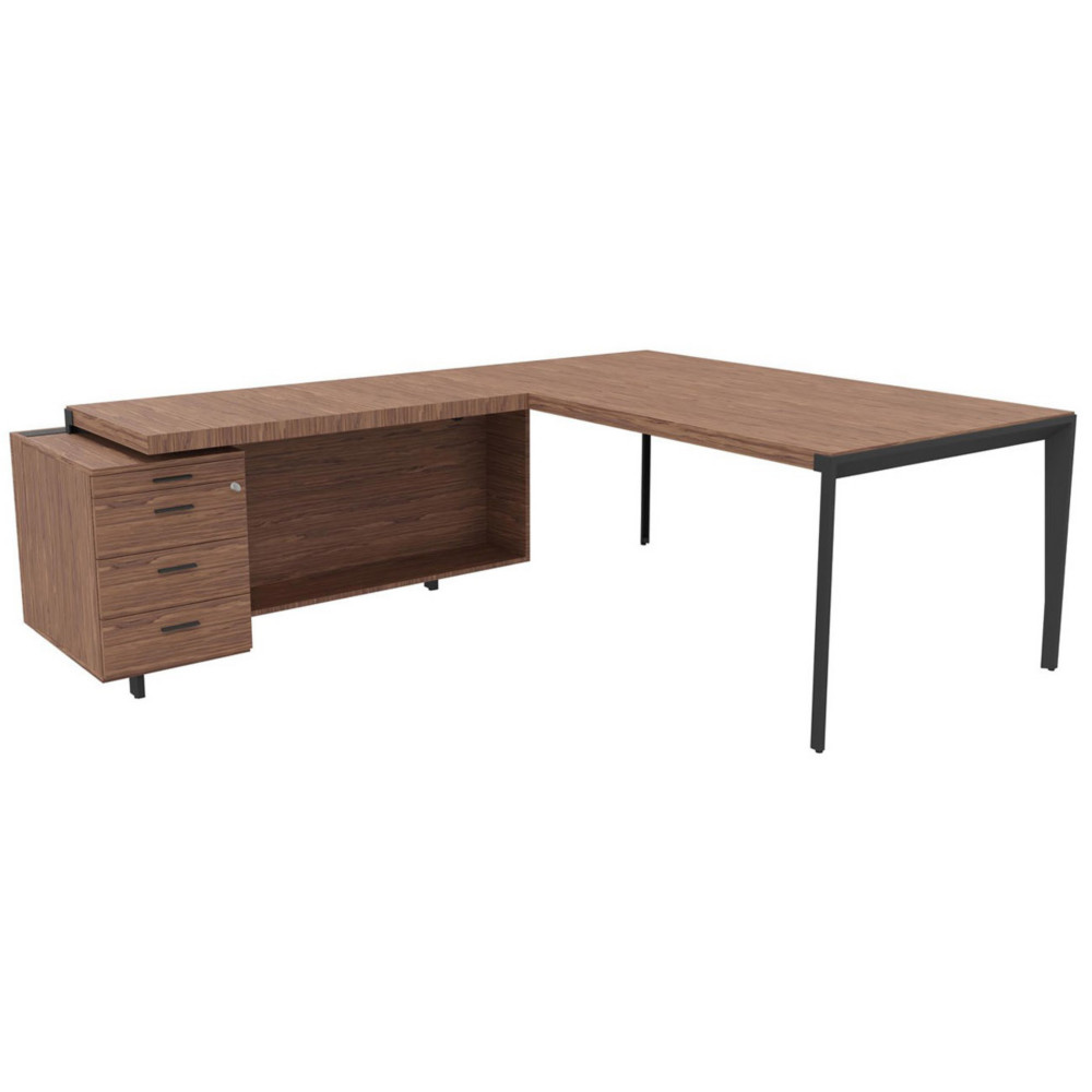 Bureau d'angle direction Arold 172 x 234 avec retour caisson porteur  gauche Placage bois noyer - Pitement mtal gris