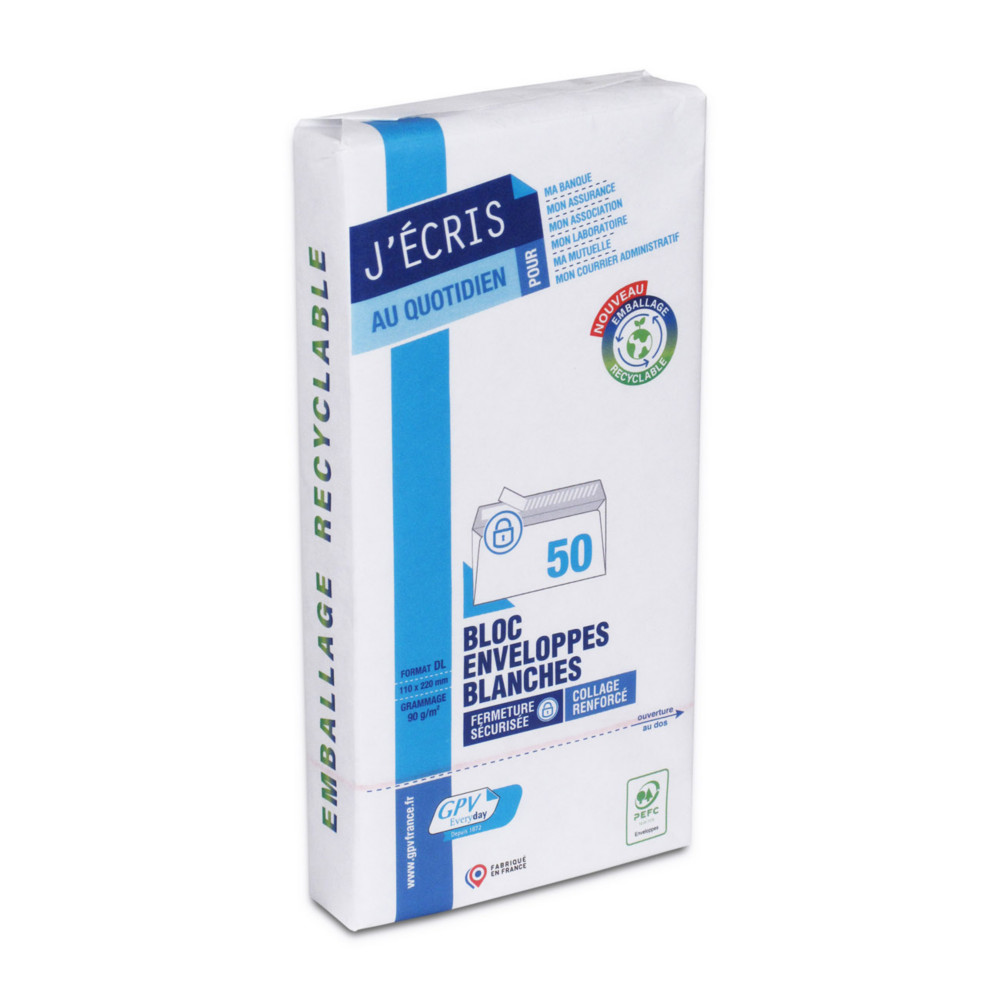 GPV Enveloppe blanche DL 110 x 220 mm 90g sans fentre - autocollante bande protectrice - Lot de 50