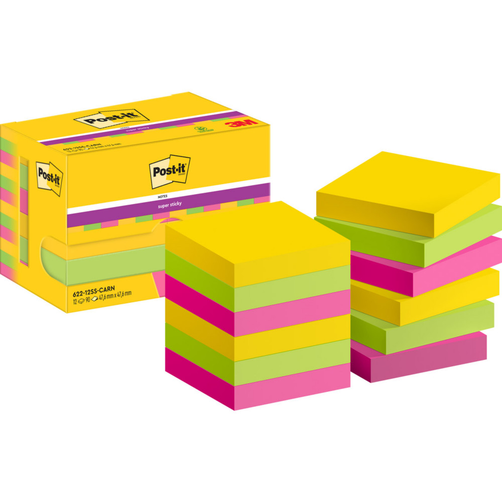 Post-it Notes repositionnables Super Sticky Carnival 48 x 48 mm - Assorties - Lot 12 blocs de 90 feuilles