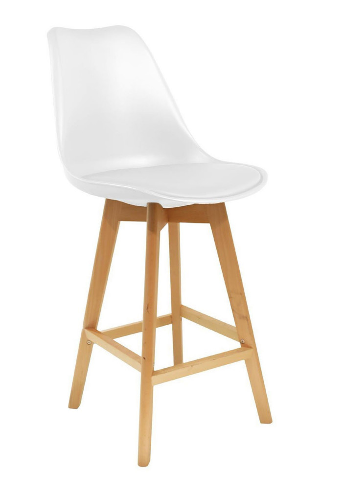 Tabouret haut Thelma coque PVC avec coussin rembourr - Blanc - Pieds bois