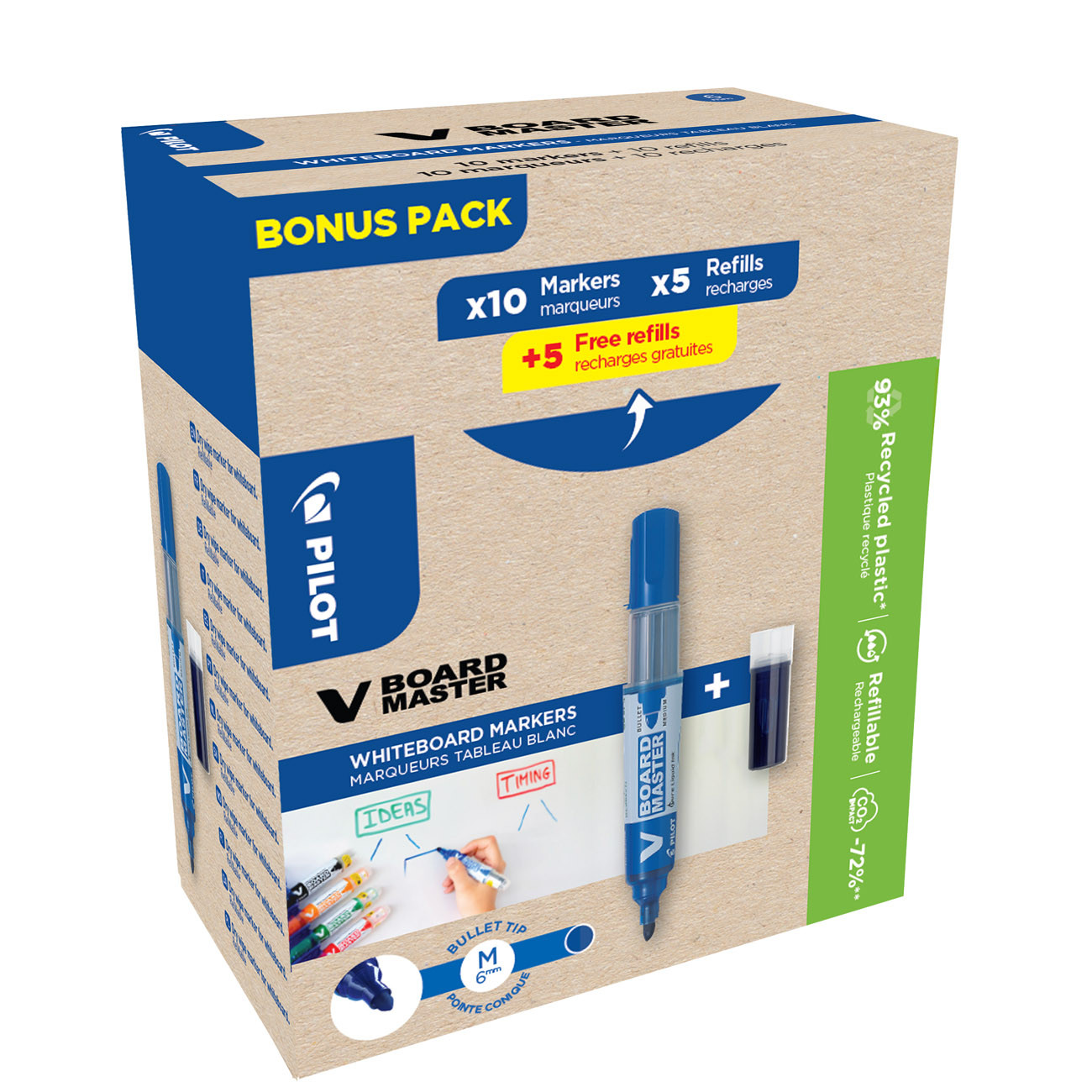 Pilot Begreen Marqueur pour tableaux blancs V Board Master Begreen - pointe 2.3 mm - Bleu - Pack de 10 marqueurs + 10 recharges