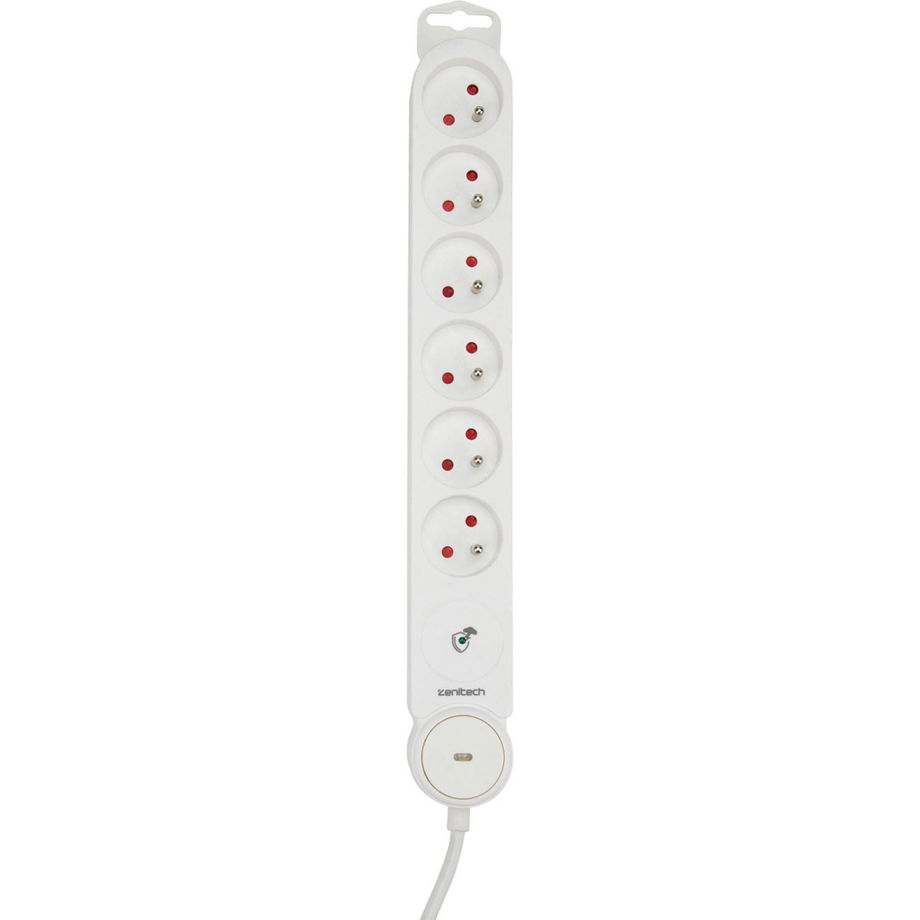 Zenitech Multiprise Bloc de 6 prises secteur en ligne IOTA - Avec interrupteur lumineux - Parafoudre - Câble de 1,4 m - Blanche