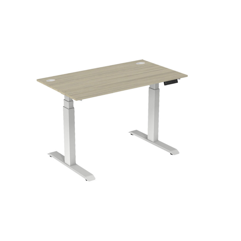 Bureau assis-debout Activ'o - Rglage lectrique en hauteur - L.140 x P.80 cm - Plateau Chne avec obturateurs - Pieds mtal Blanc