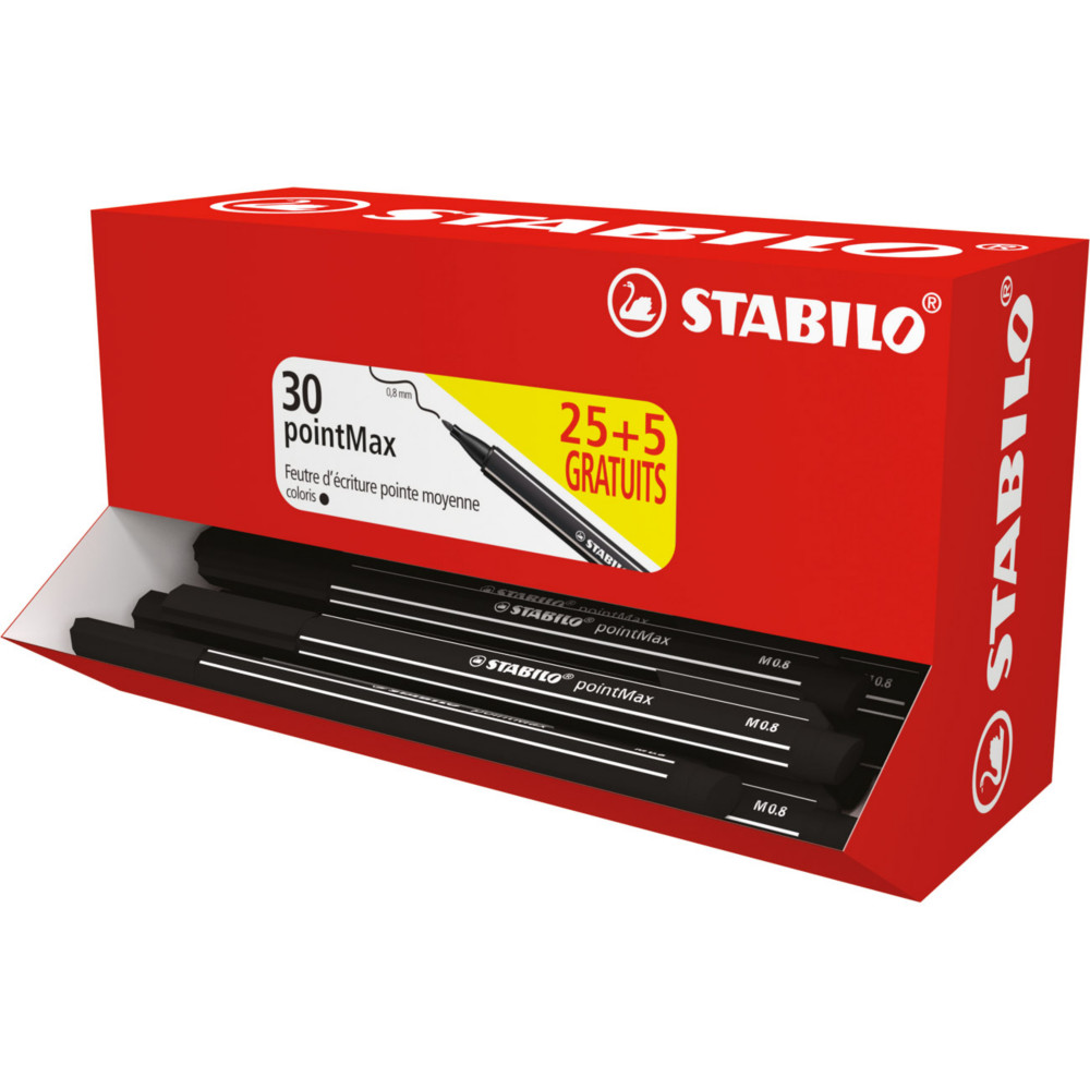 Stabilo Stylo-feutre PointMax pointe large 0,8 mm en nylon - Noir - Bote de 30