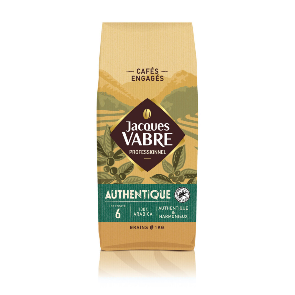 Jacques Vabre Caf en grains Rainforest Alliance Authentique - Intensit 6 - Paquet de 1 kg