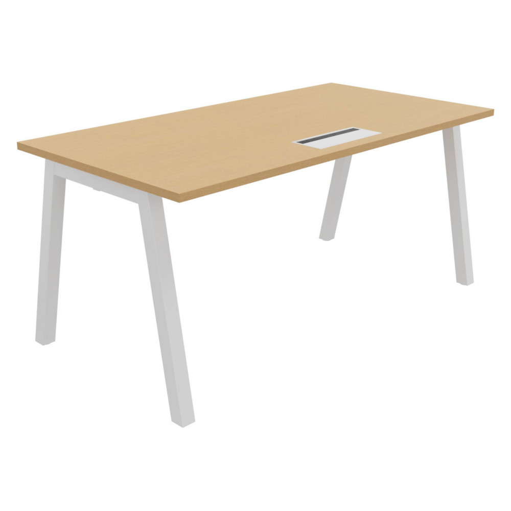 Bureau droit Burocolor A avec trappe d'accs - L.160 x P.80 cm - Plateau Htre - Pieds Blanc