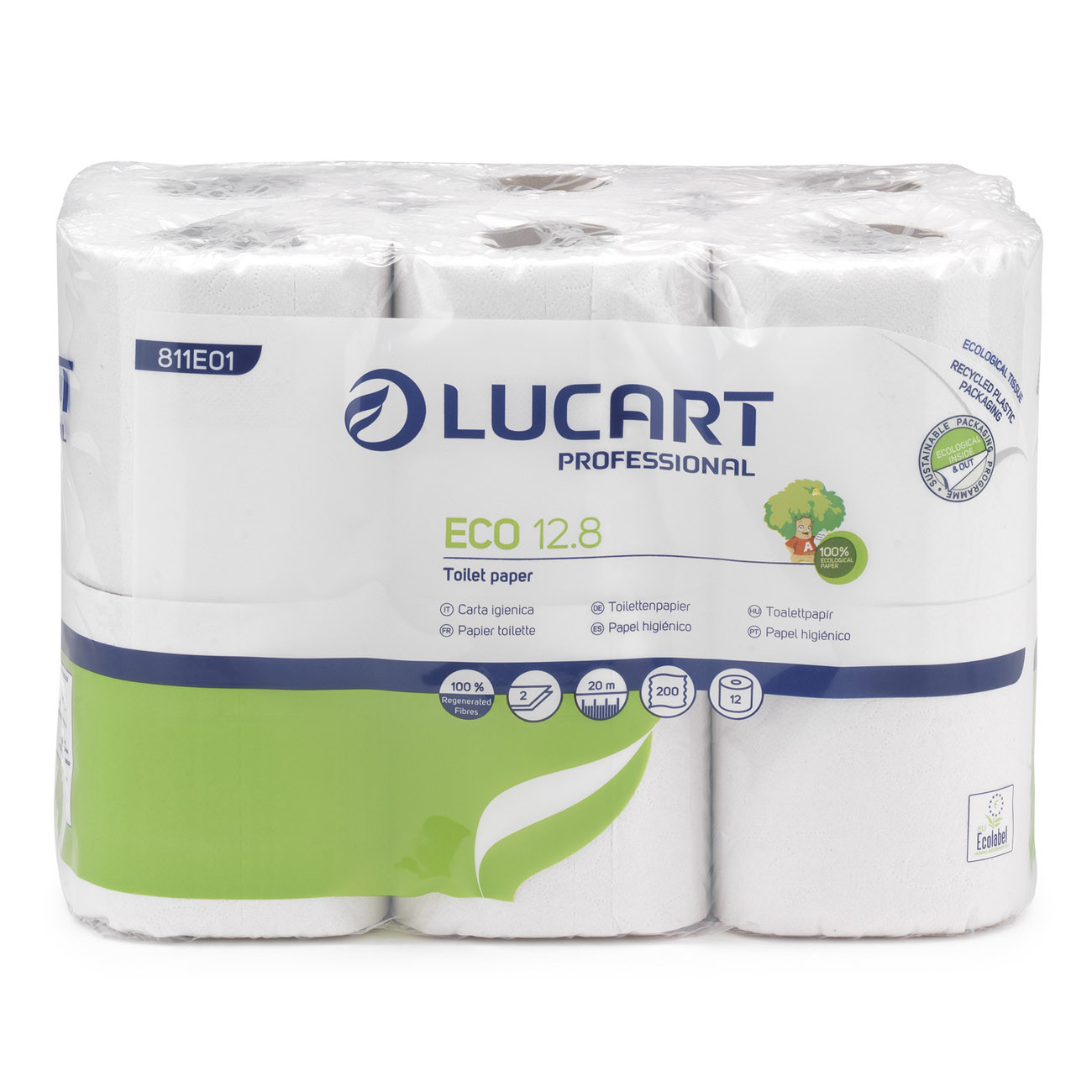Lucart Papier toilette économique recyclé double épaisseur 200 feuilles gaufrées blanc - Carton de 96 rouleaux standard