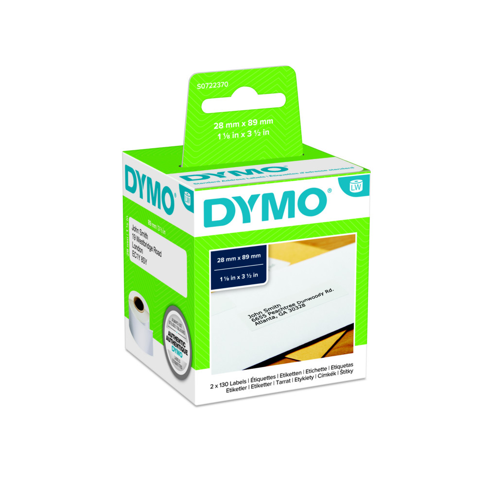 Dymo tiquettes d'adresse standard S0722370 LabelWriter 28 x 89 mm - Bote de 2 rouleaux de 130 tiquettes