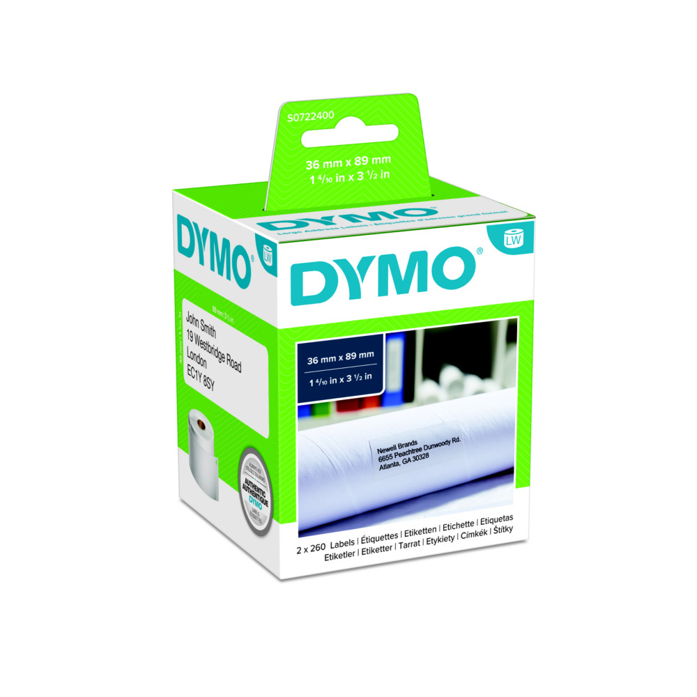 Dymo tiquettes d'adresse larges S0722400 LabelWriter - 36 x 89 mm - Bote de 2 rouleaux de 260 tiquettes