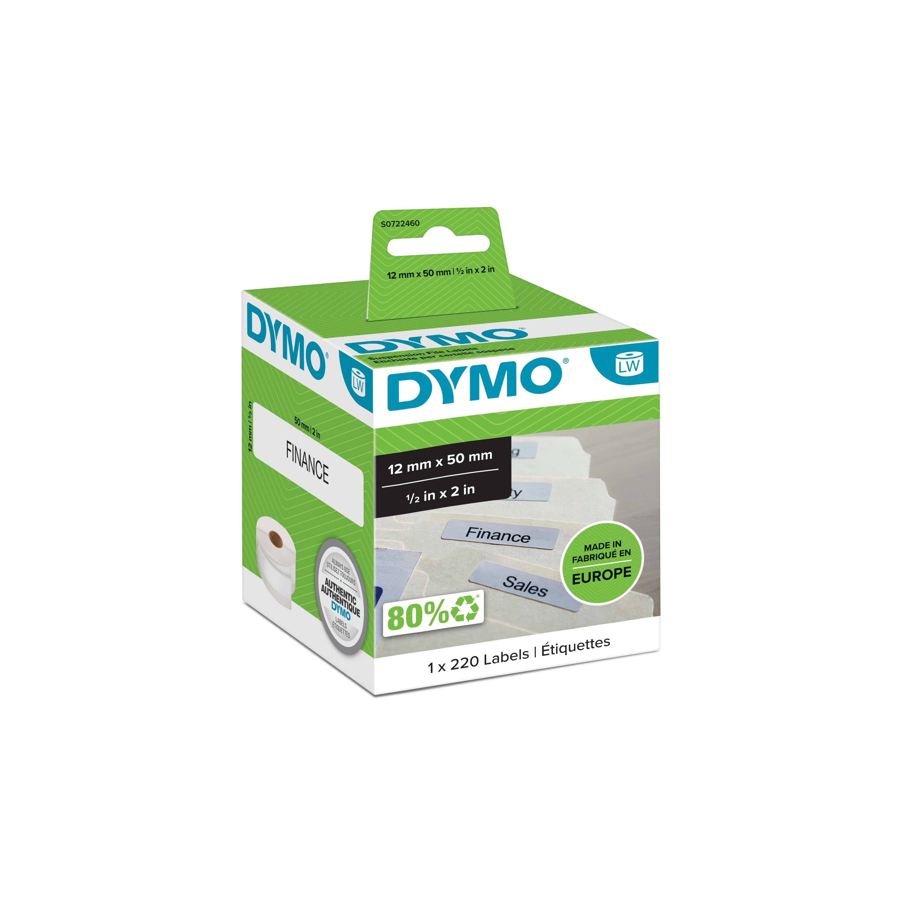 Dymo Étiquettes dossiers suspendus S0722460 LabelWriter 12 x 50 mm Boîte de 220 étiquettes