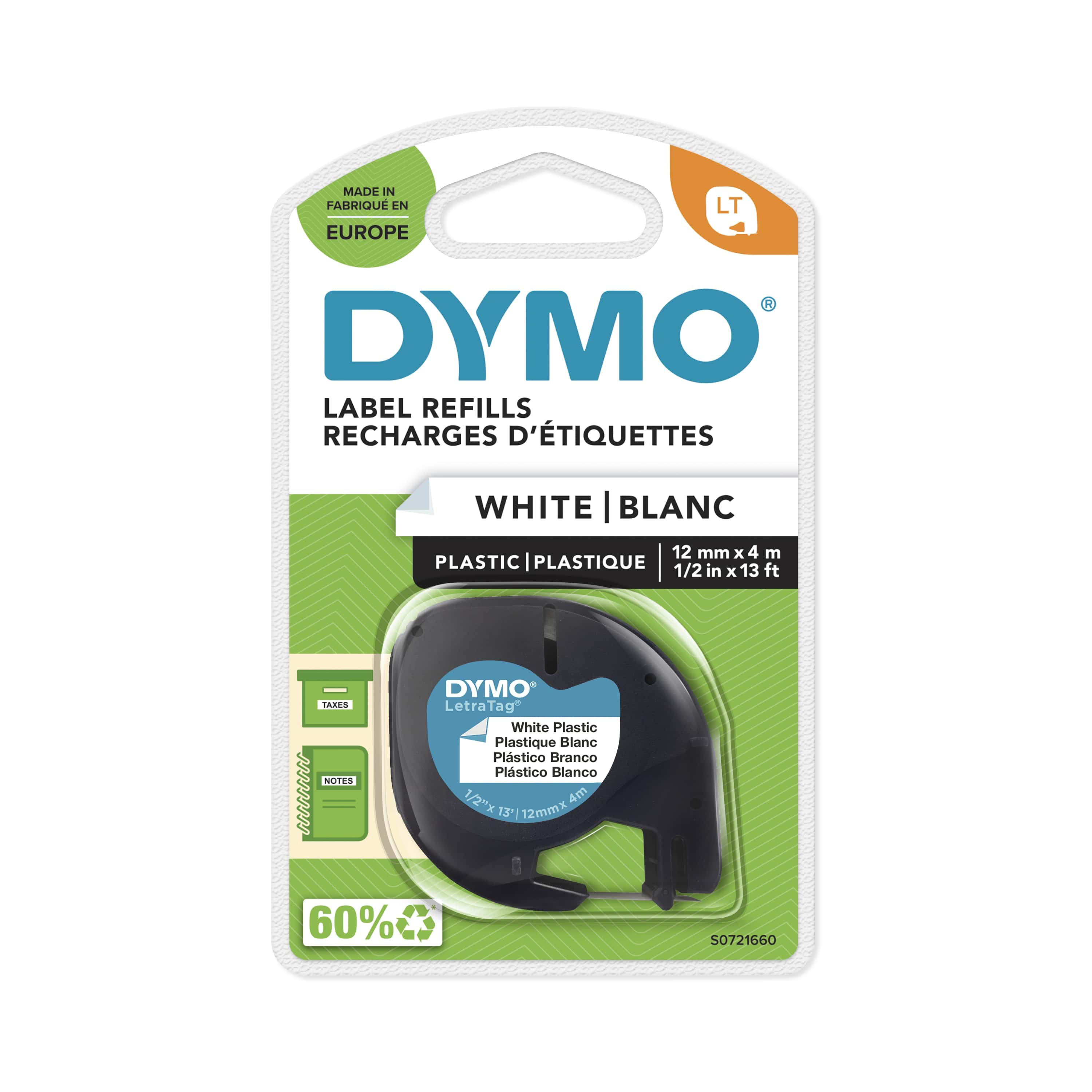 Dymo Ruban LT S0721660 plastique LetraTag - 12 mm x 4 m - Noir sur Blanc