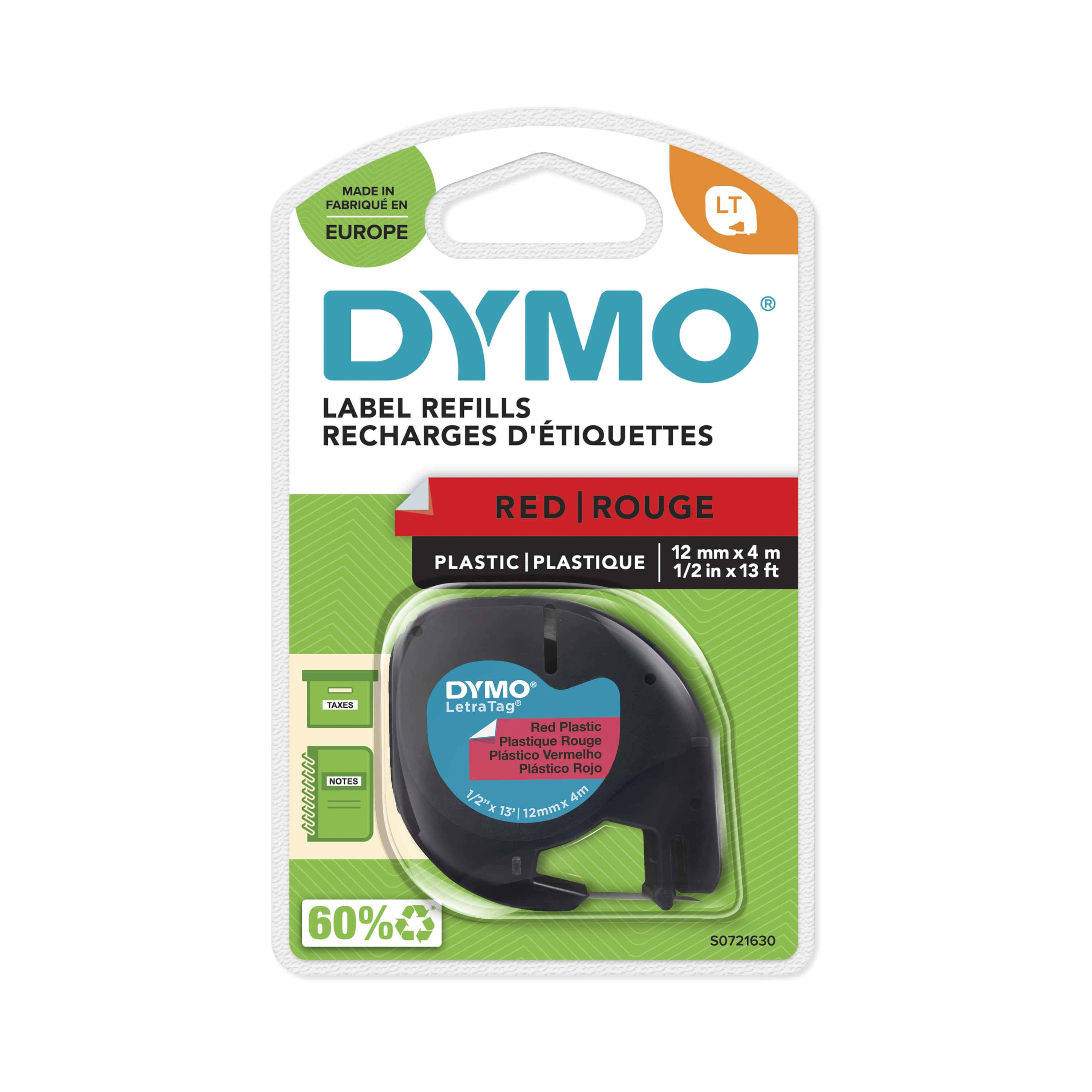 Dymo Ruban LT S0721630 plastique LetraTag - 12 mm x 4 m - Noir sur Rouge