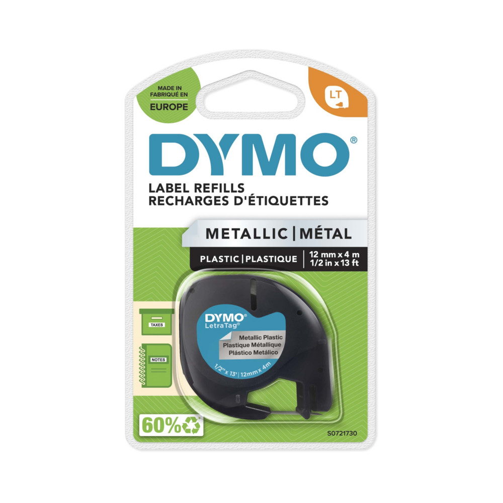 Dymo Ruban LT S0721730 mtal LetraTag  - 12 mm x 4 m - Noir sur Argent