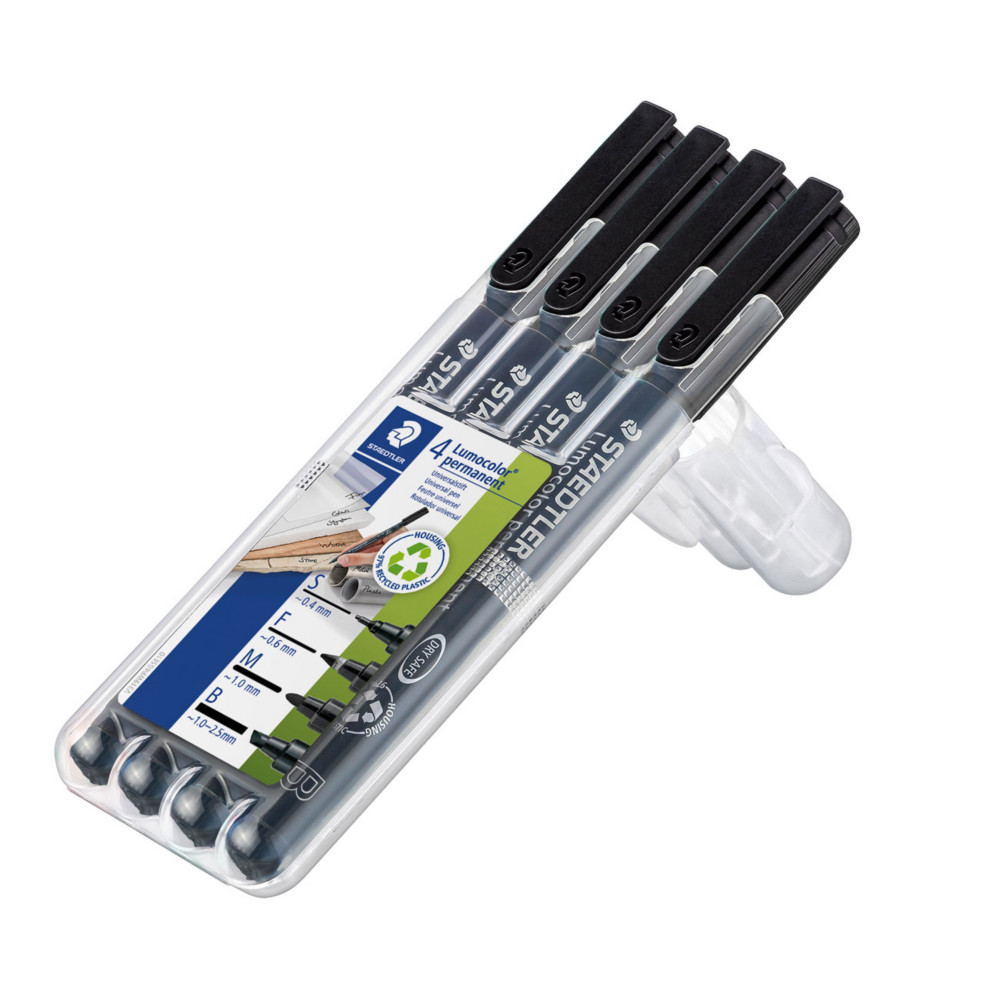Staedtler Lumocolor Marqueur permanent Lumocolor 4 largeurs de pointe fine ogive 0.4  2.5 mm mm - Noir - tui chevalet de 4
