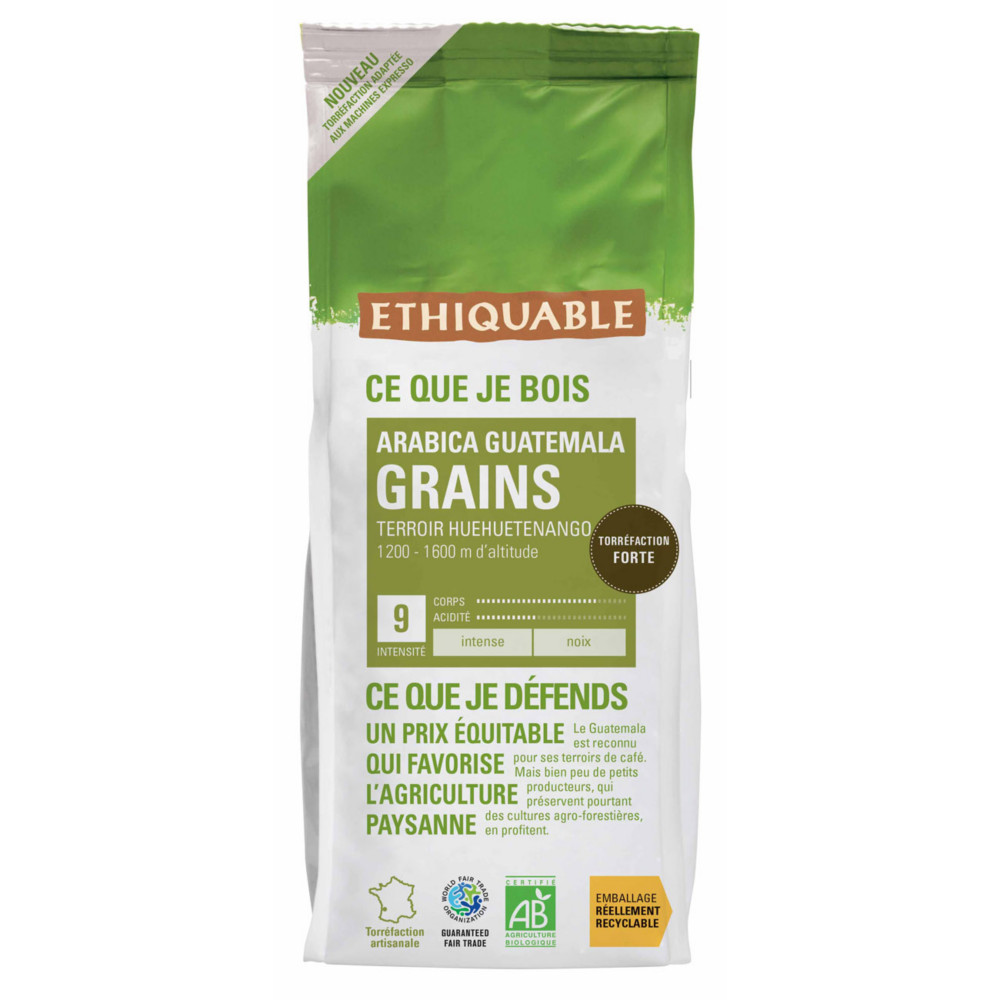 Ethiquable Caf en grains expresso Arabica Guatemala Bio et quitable - Intensit 9 - Sachet de 500 g