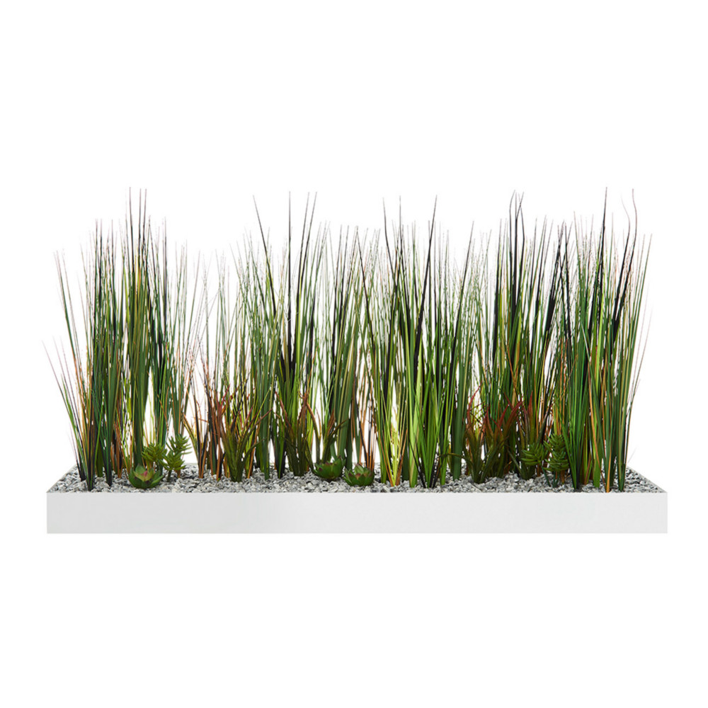 Jardinire artificielle basse - Composition florale en herbe - L 80 cm - Blanc