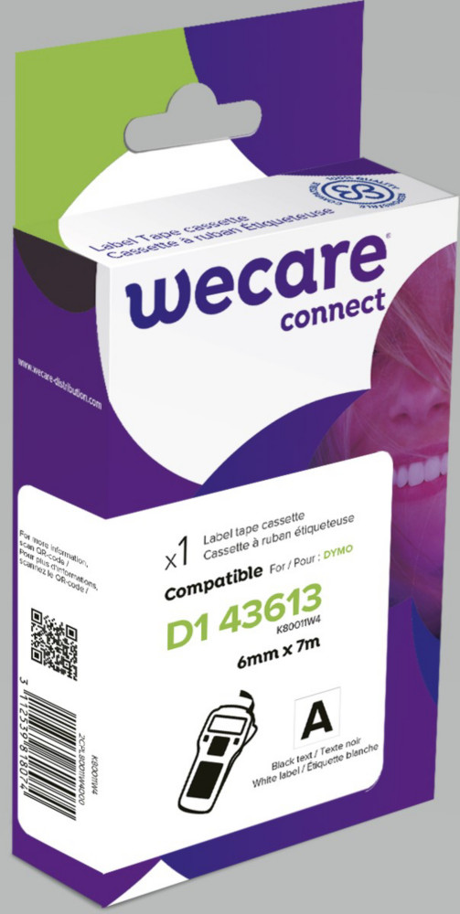 Wecare Ruban compatible Dymo D1 S0720780 - 43613 - 6 mm x 7 m - Noir sur Blanc