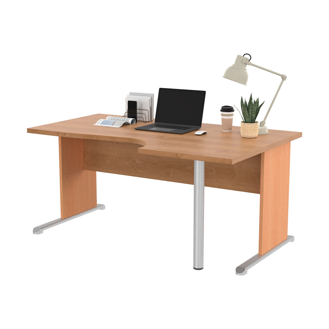 Bureau d'angle compact retour à droite Pronto Bois - L.160 x P.100 cm - Plateau Aulne - Pieds L Hêtre