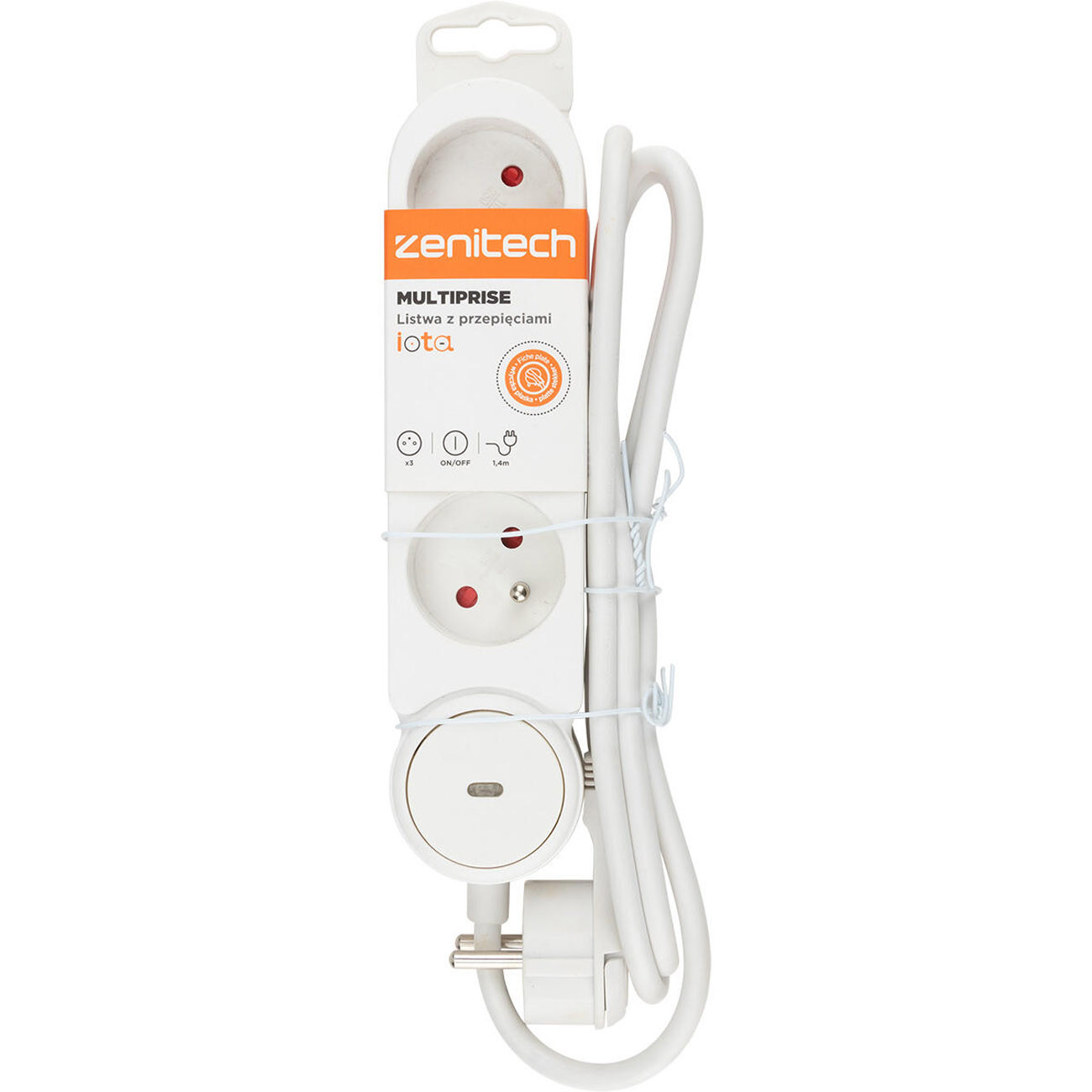 Zenitech Multiprise Bloc de 3 prises secteur en ligne IOTA - Avec interrupteur lumineux - Câble de 1,4 m - Blanche
