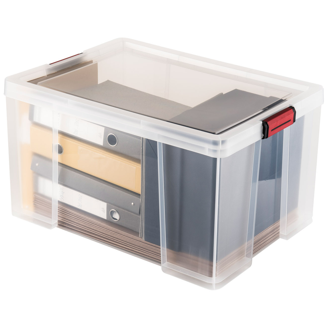 Paperflow Boite de rangement renforcée transparente Clip'N Store avec couvercle et poignées clipsables - Capacité 75 L