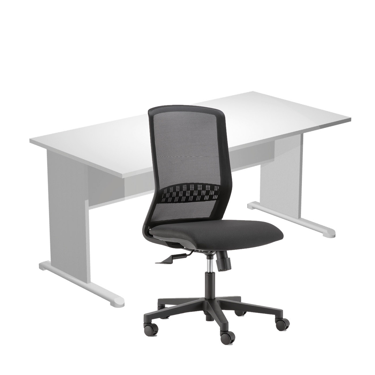 Pack Bureau droit Pronto Bois - L.160 x P.80 cm - Plateau Blanc - Pieds L Aluminium + siège Tekna Tissu Noir