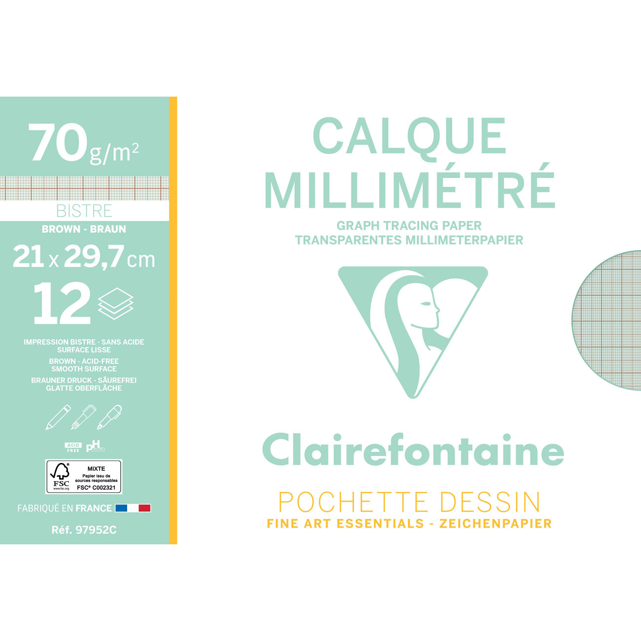 Clairefontaine Papier calque millimétré transparent - A4- 70 g - Pochette dessin de 12 feuilles
