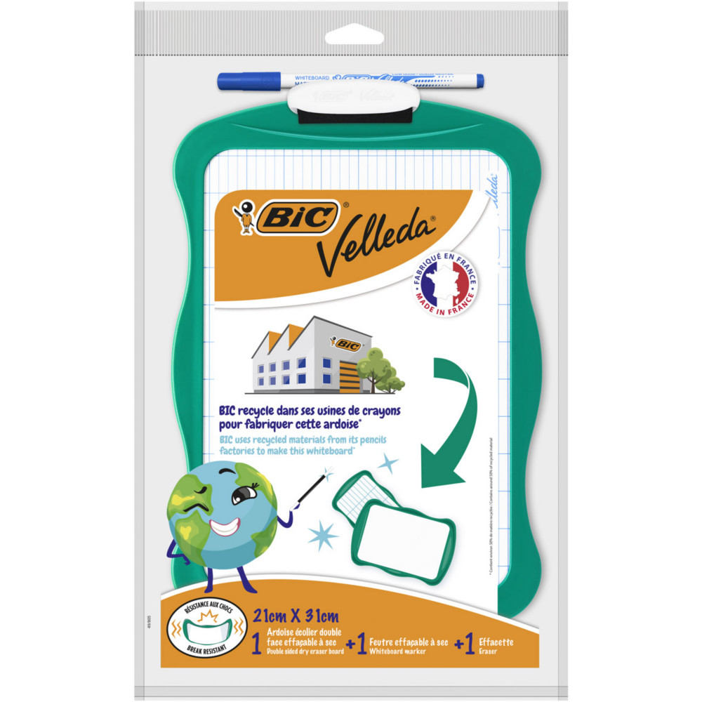 BIC Velleda Ardoise Effaable  Sec Double Face L. 21 x H. 31 cm avec feutre et Effacette - Cadre vert