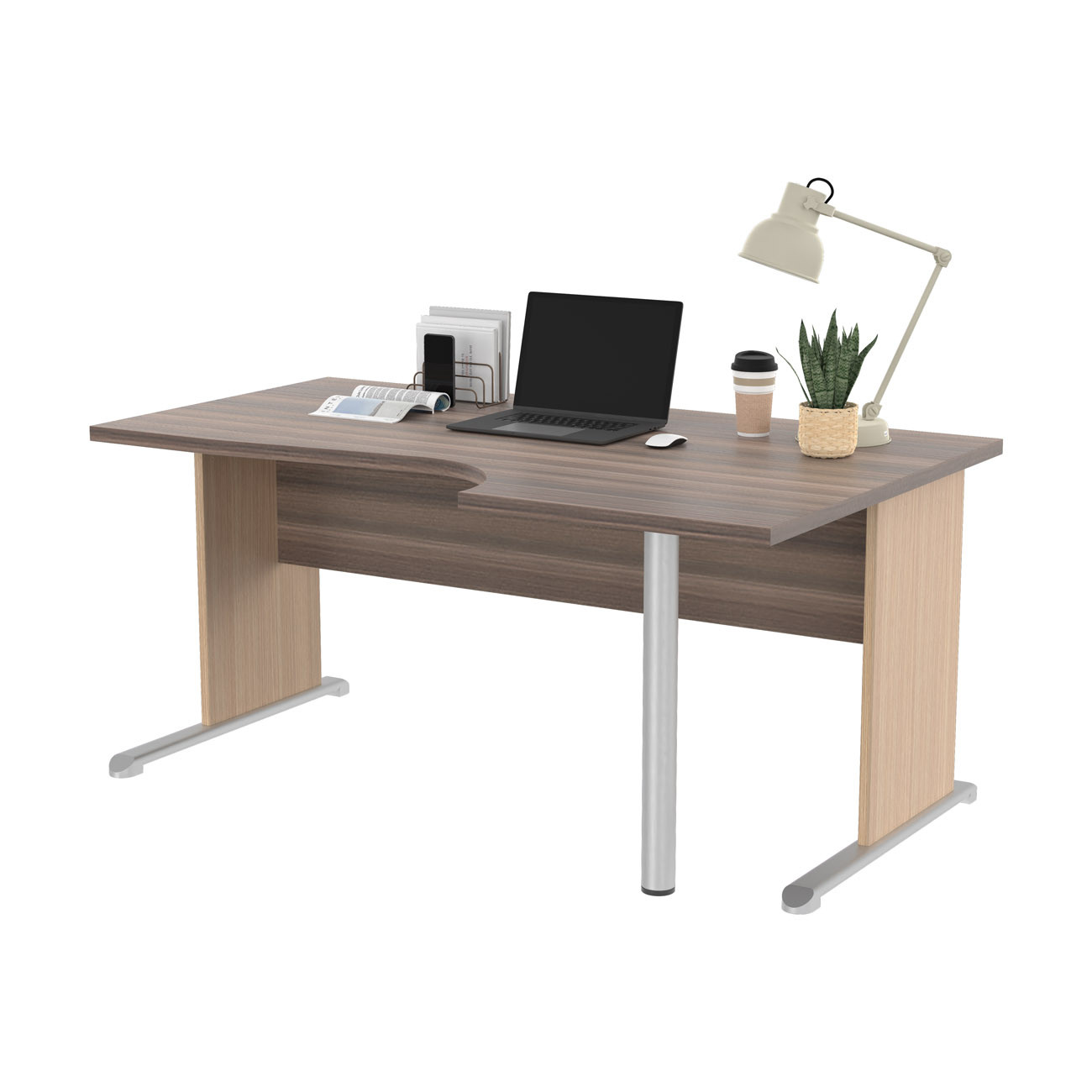 Bureau d'angle compact retour à droite Pronto Bois - L.160 x P.100 cm - Plateau Cendre - Pieds L Chêne