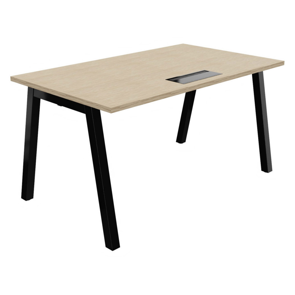 Bureau droit Burocolor A avec trappe d'accs - L.140 x P.80 cm - Plateau Chne - Pieds  Noir