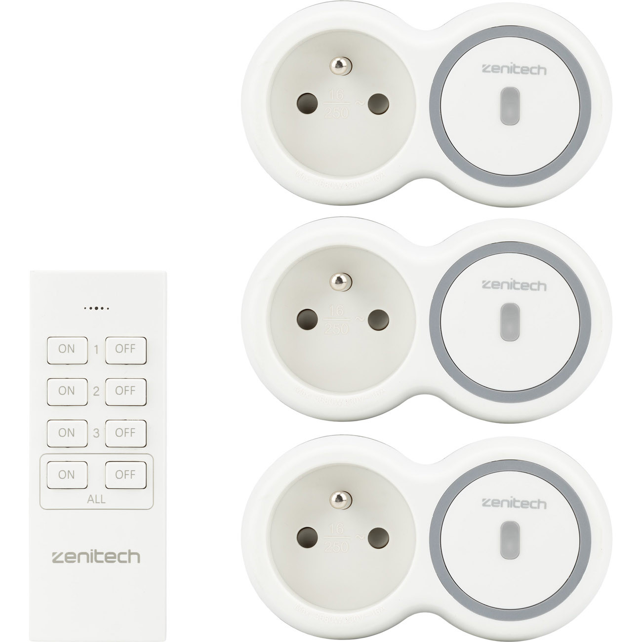 Zenitech Prise électrique murale Bolea avec télécommande - 2300 W - Blanc - Pack de 3