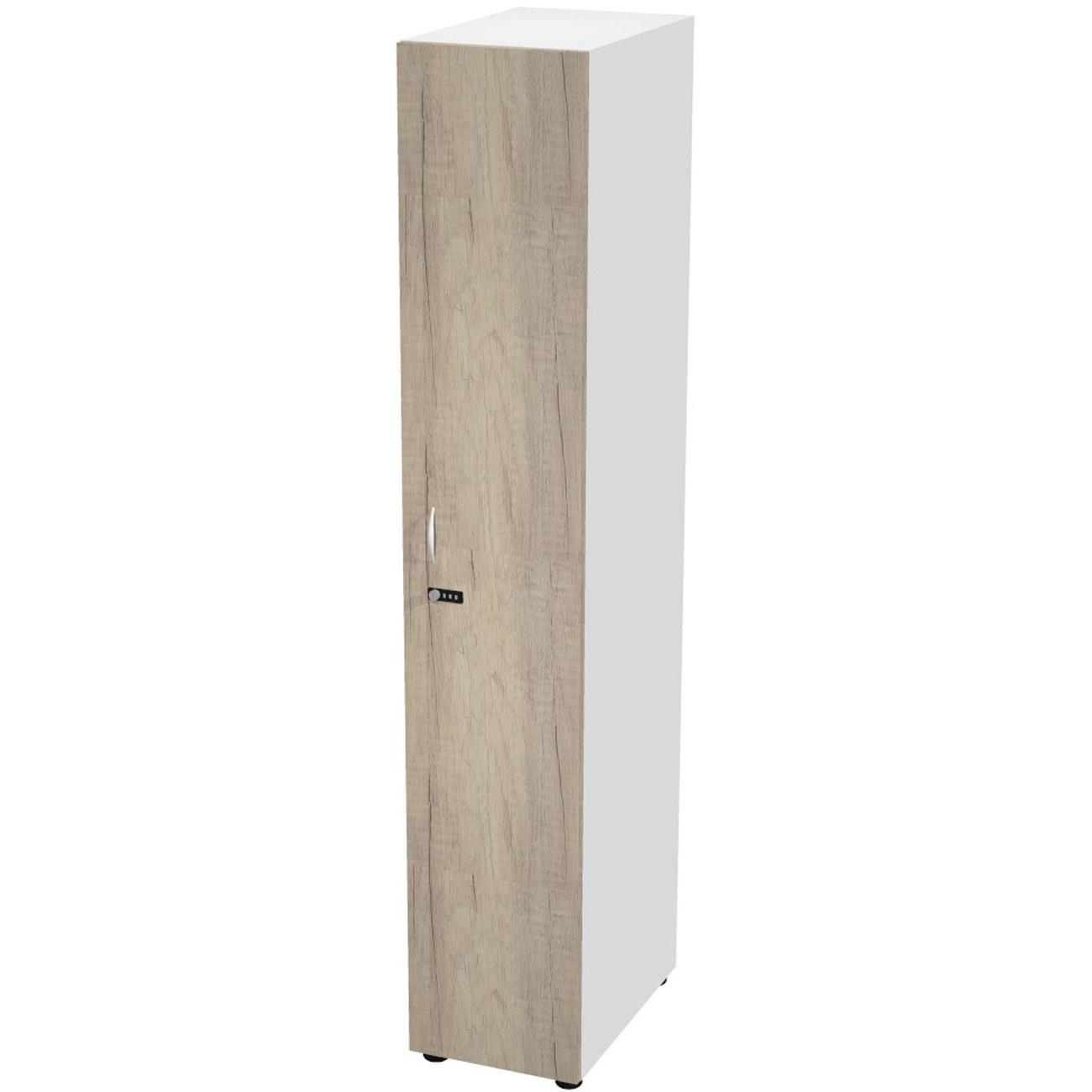 Casier simple Eminence L. 33 x H. 184 cm - Meuble colonne 1 porte avec serrure à code - 3 niches intérieurs - Corps Blanc - Porte Chêne Canadien