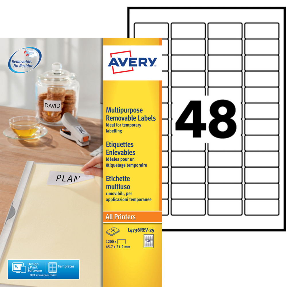 Avery L4736REV Etiquettes enlevables blanches 45,7 x 21,2 mm - Bote de 1200