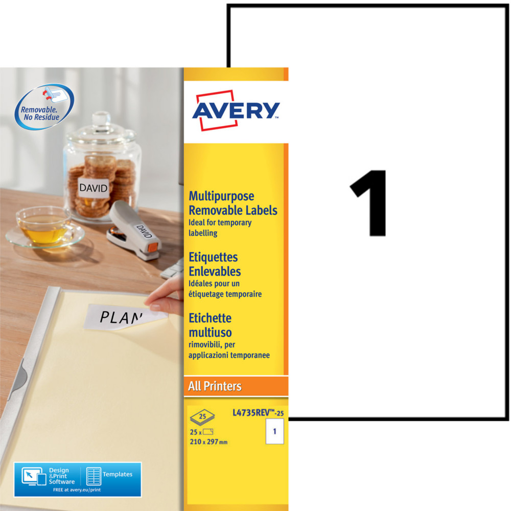 Avery L4735REV Etiquettes enlevables blanches A4 210 x 297 mm - Bote de 25