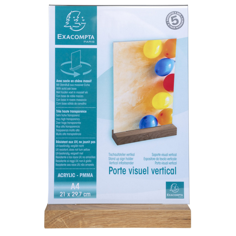 Exacompta Prsentoir de document vertical A4 Cristal avec socle en bois - Transparent