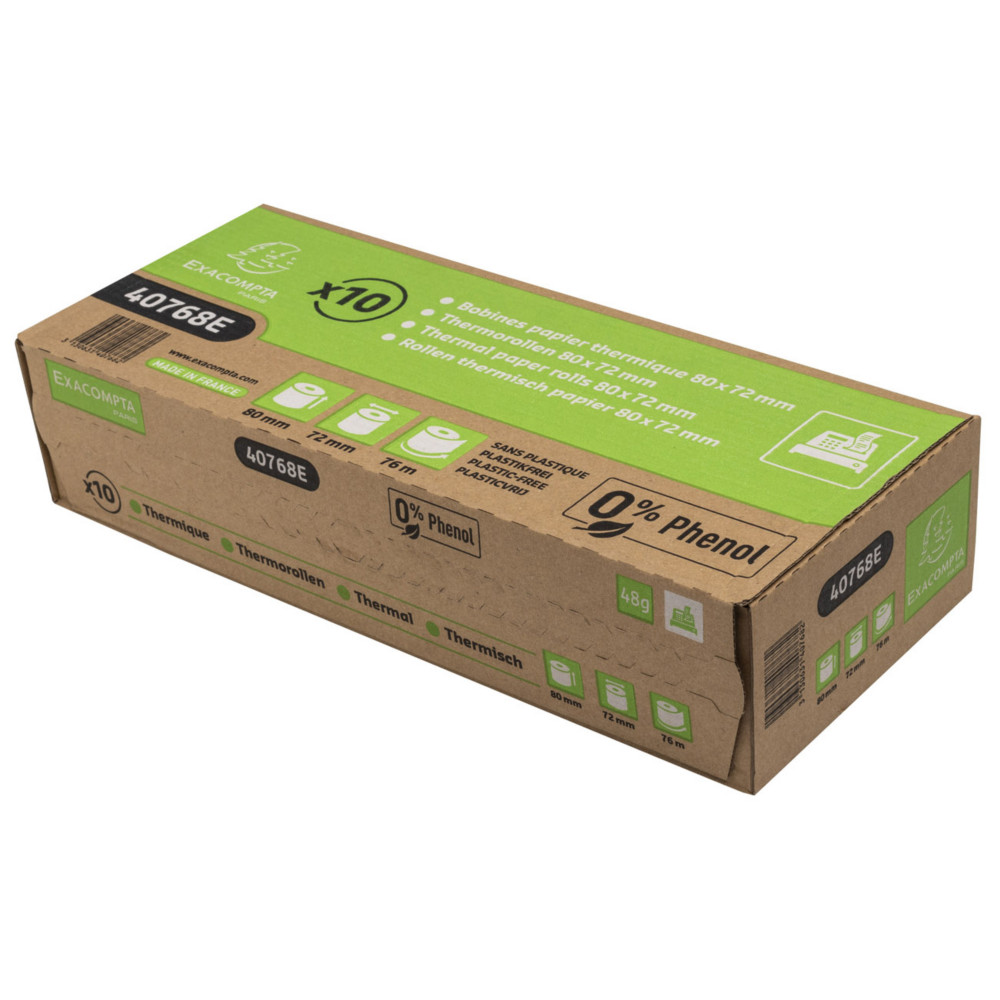Exacompta Bobine tickets de caisse 80 x 72 x 12 mm - Longueur 76M - 40768E - Rouleau papier thermique  1 pli 48g sans phnol, sans plastique - Lot de 10