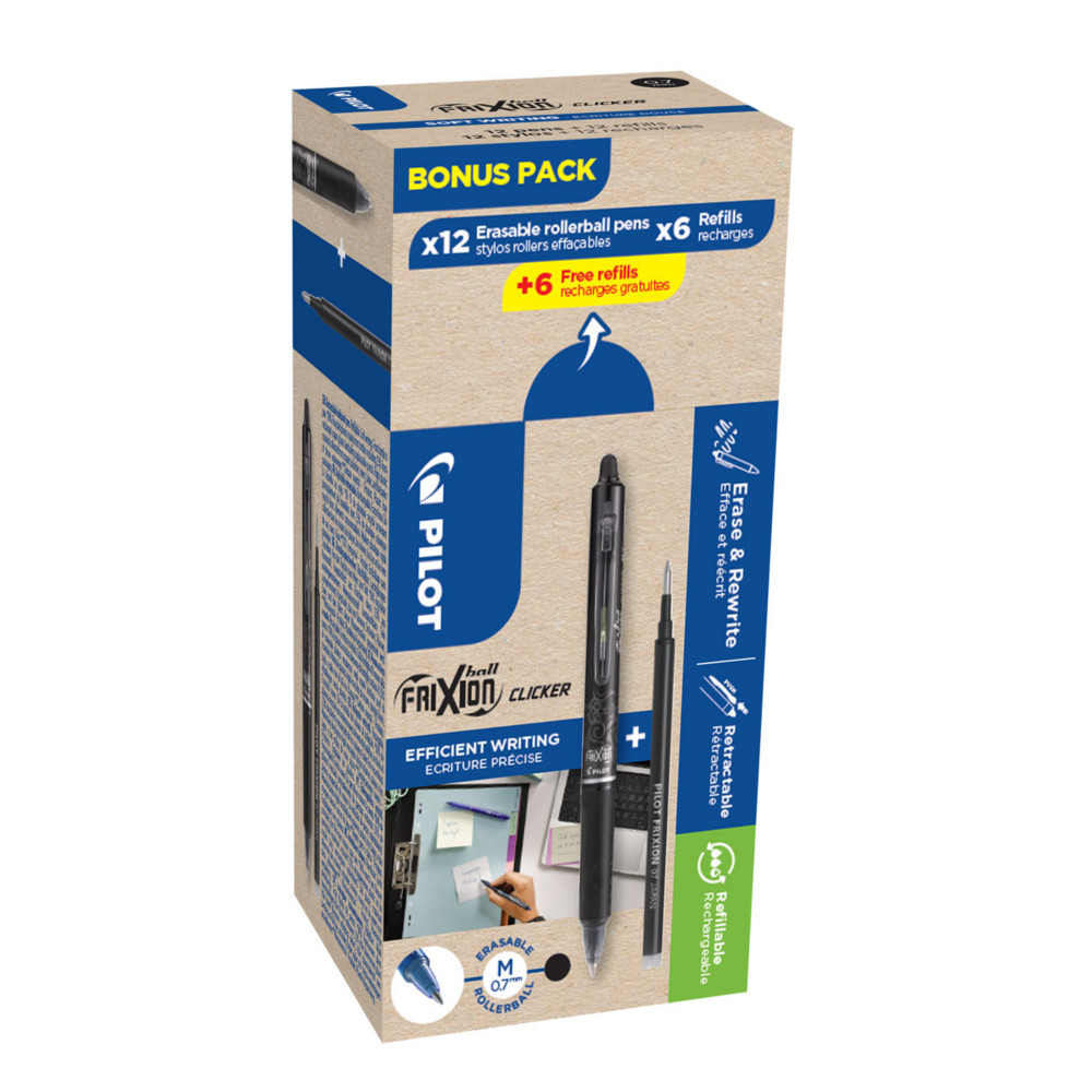 Pilot FriXion Clicker Stylo roller rtractable encre gel effaable pointe moyenne 0,7 mm - Noir - Pack de 12 stylos + 12 recharges