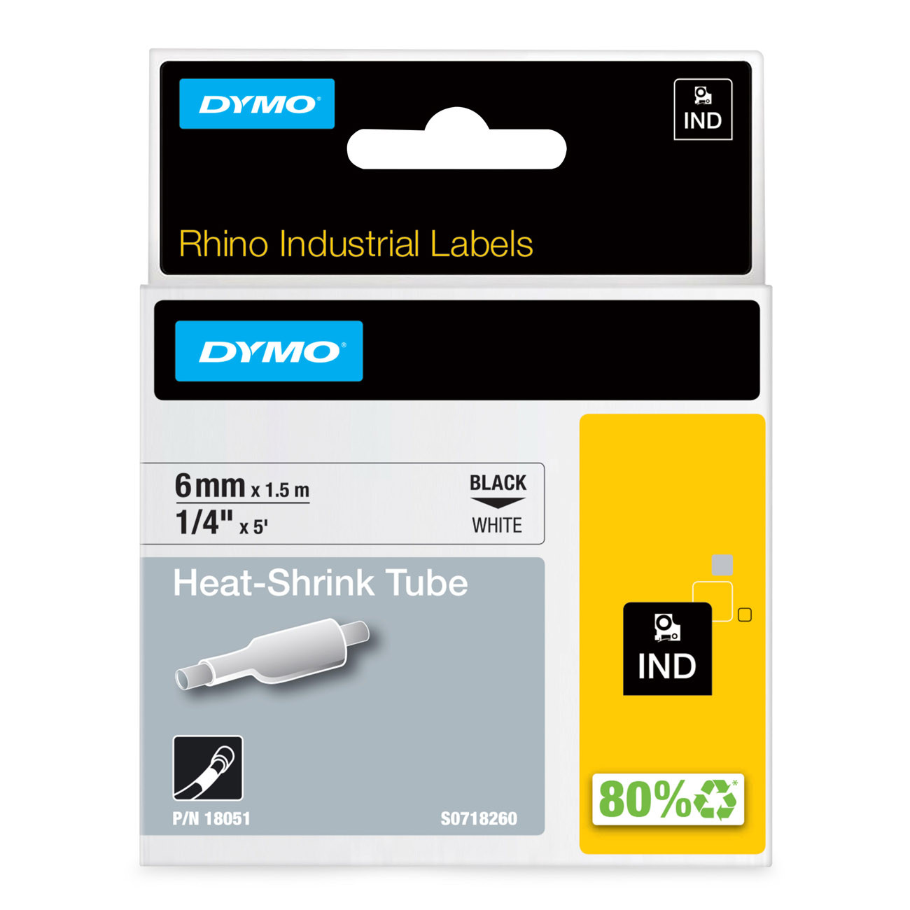 Dymo Ruban thermorétractable 18051 Rhino - 6 mm x  1,5 m - Noir sur Blanc