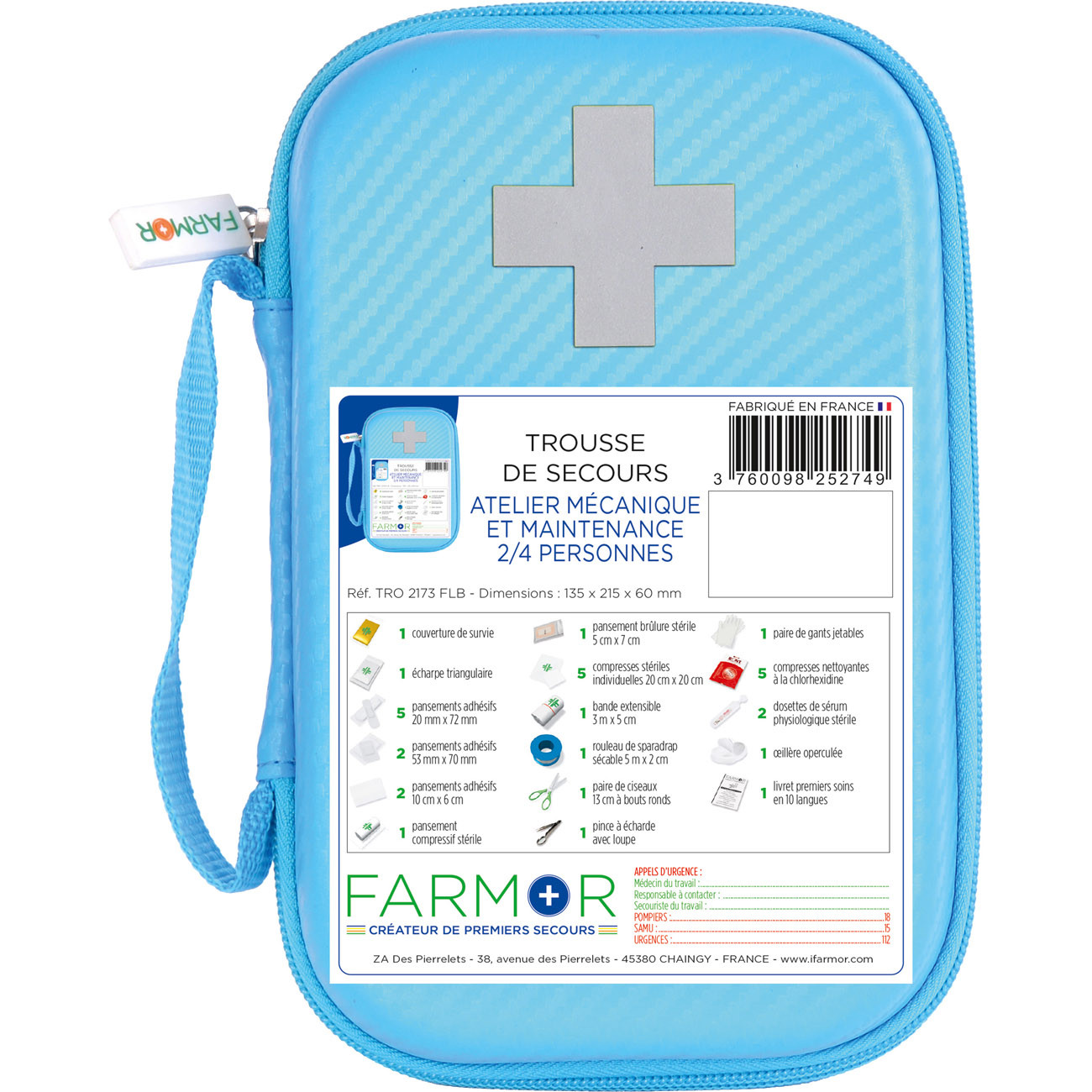 Farmor Trousses de secours Atelier Mécanique & Maintenance 2 à 4 personnes - Malette semi-rigide imperméable Bleue - Lot de 10