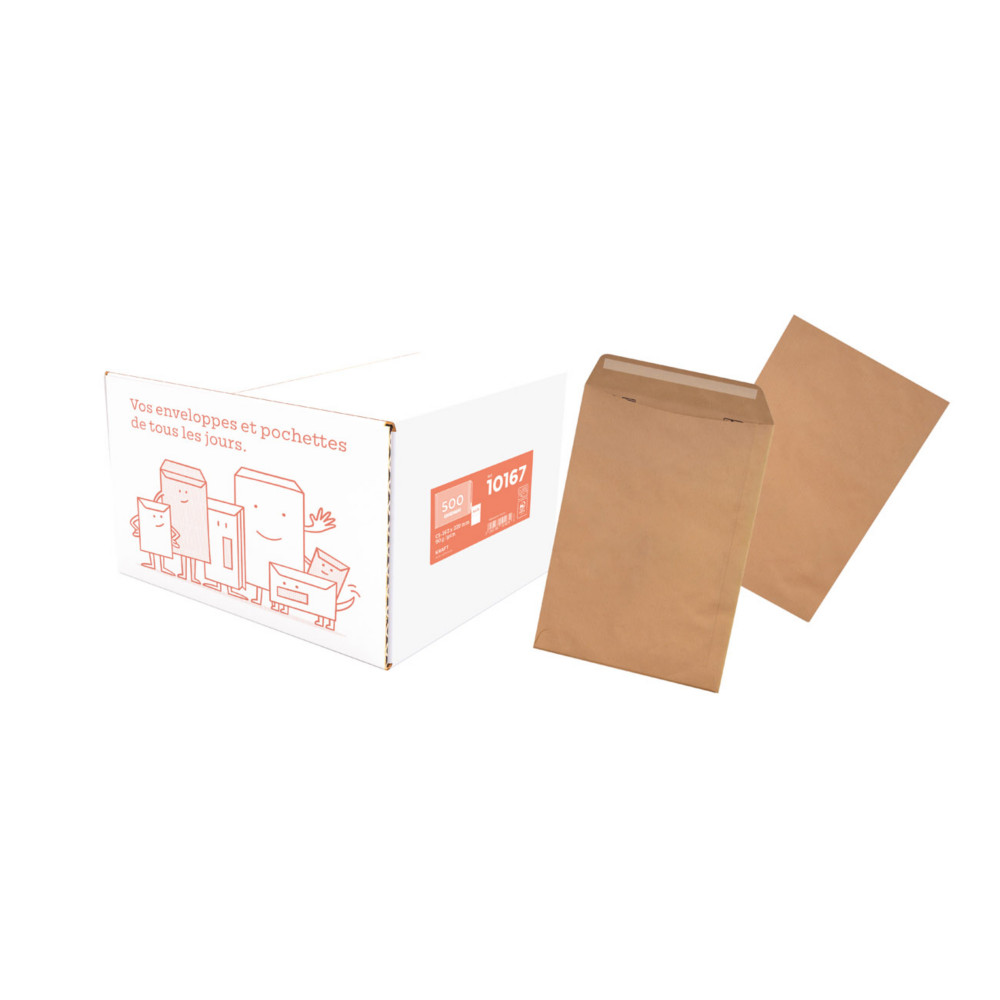 Pochette kraft brun PEFC C5 - 162 x 229 mm 90g sans fentre - Autocollante bande protectrice - Lot de 500