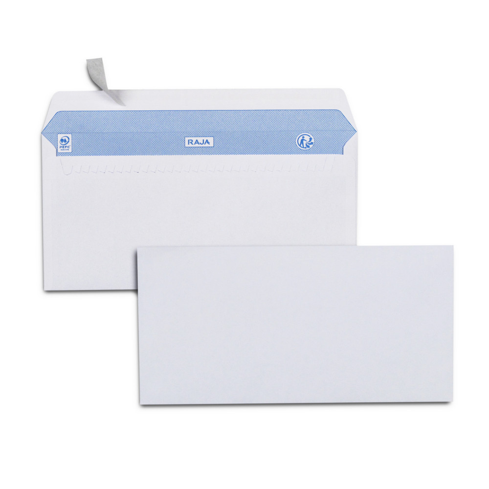 RAJA Enveloppe blanche Premium DL 110 x 220 mm 90g sans fentre - autocollante bande protectrice - Lot de 500