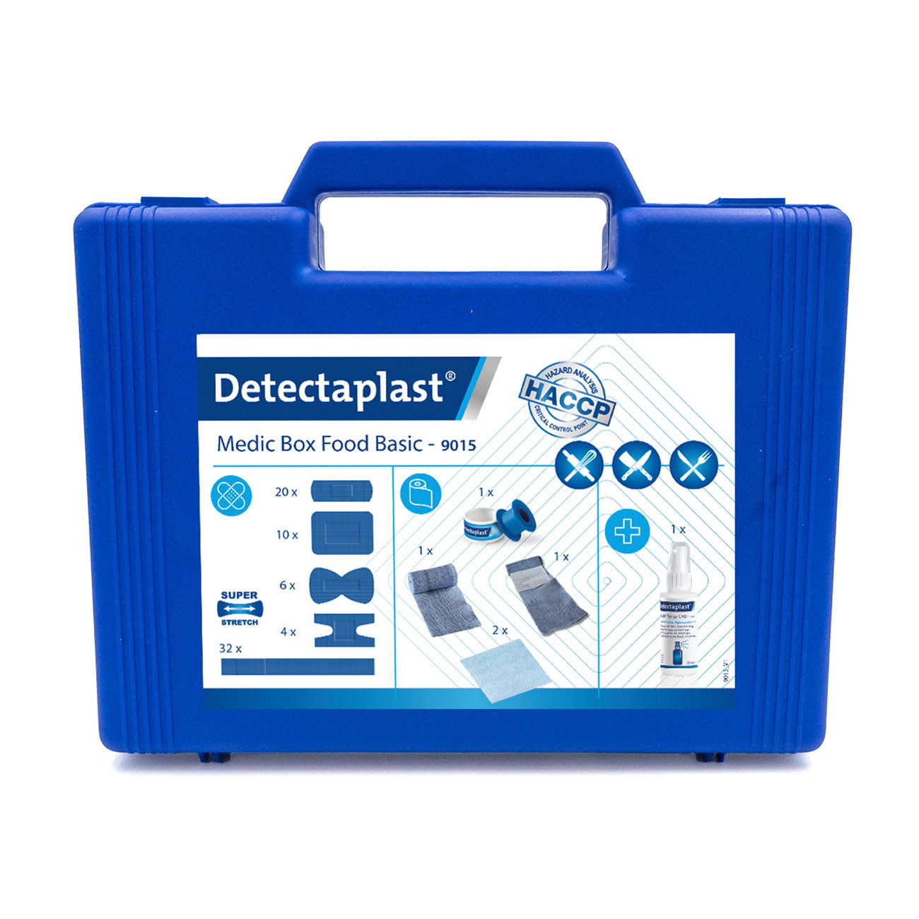 Detectaplast Trousse de secours Medic Box Food Basic - HACCP - Pour 1 à 5 presonnes - Pansements Super Stretch - Assortiment de 78 éléments